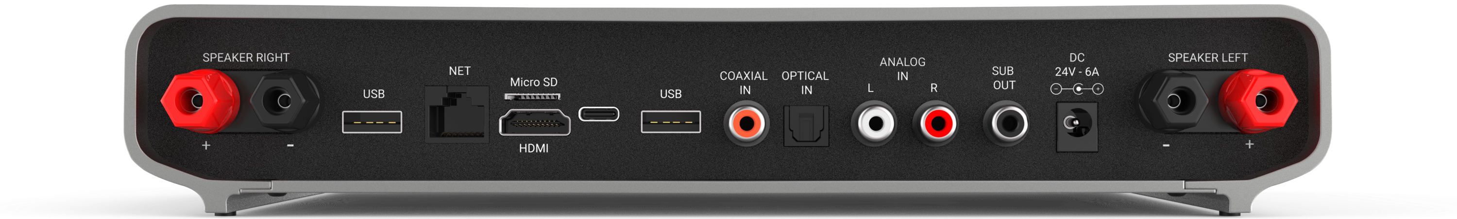L'Integro dispone di un ingresso analogico single-ended (RCA) e due digitali SPDIF sia ottici che coassiali. Per quanto riguarda le uscite, è presente un'uscita subwoofer e l'uscita HDMI può essere utilizzata per sfruttare il menu OSD di Volumio.